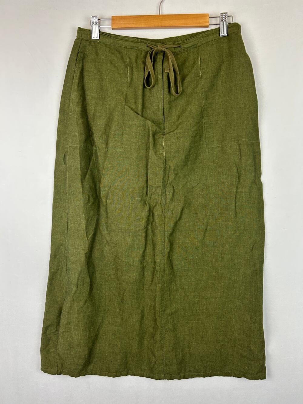 Crossroads Linen Blend Long Maxi Skirt Tie Waist Olive Army Green Womens Size 12